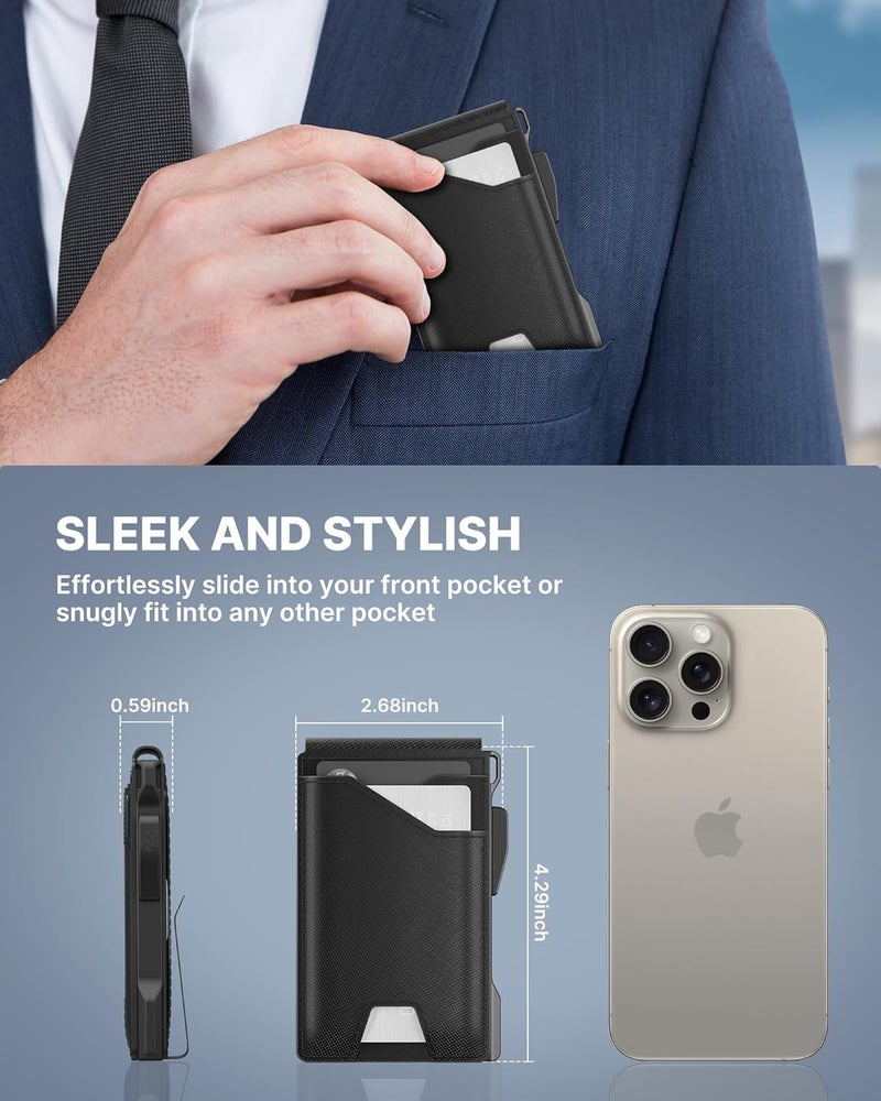 typecase Tactical Wallet for Men Card Holder: Pop Up Card Case, Genuine Leather, Smart, RFID Blocking, Slim, Minimalist, Thin, Front Pocket - 9-13 Card Capacitiy, ID Window, Money Clip (Dark Black) - Image 4